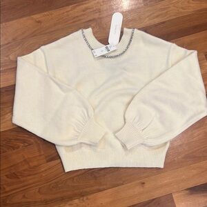 Anthropologie Flat White Elegant Cream Sweater with Silver Accents